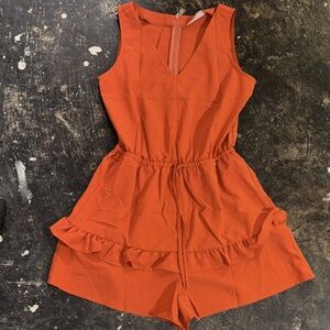 Sleeveless Orange Ruffle Romper with Drawstring Waist